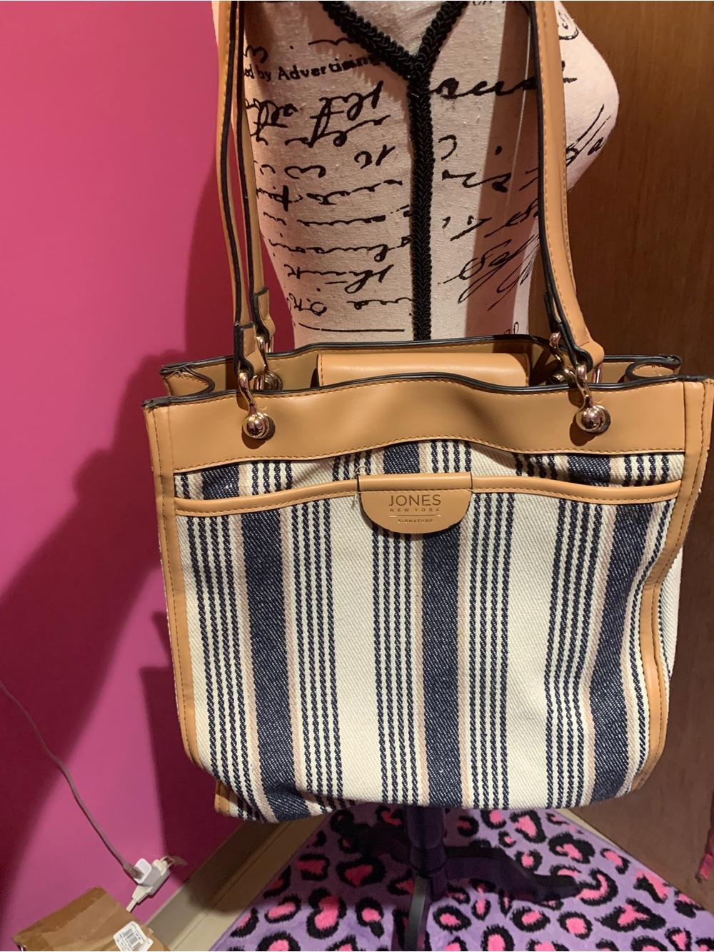 Jones New York Navy and Tan Striped Canvas Tote